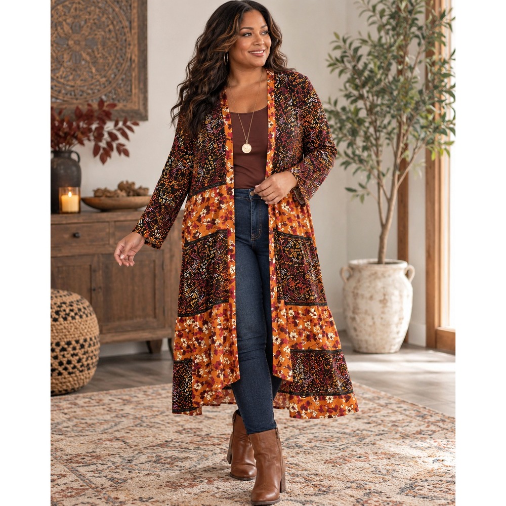 Logo by Lori Goldstein Printed Mixed Media Duster Cardigan Orange Floral Small